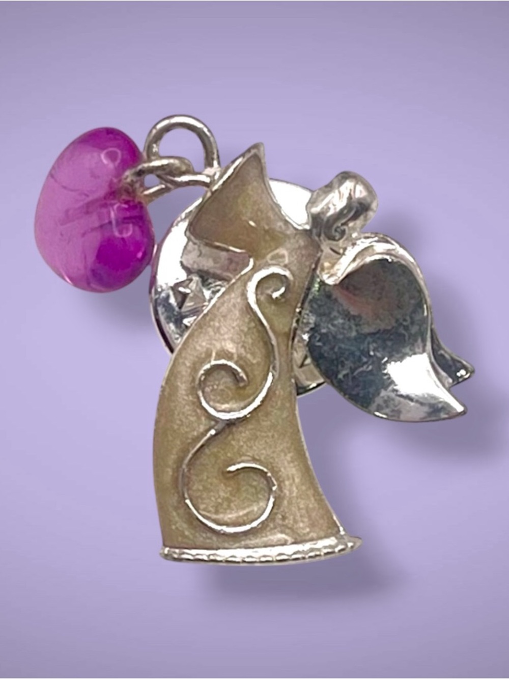 Nice Dainty Avon Enamel Angel Tack Pin With Purple Dangling Heart